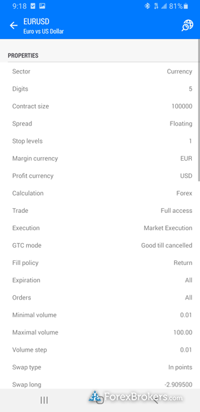 BlackBull Markets MT5 mobile trading app contract specifications