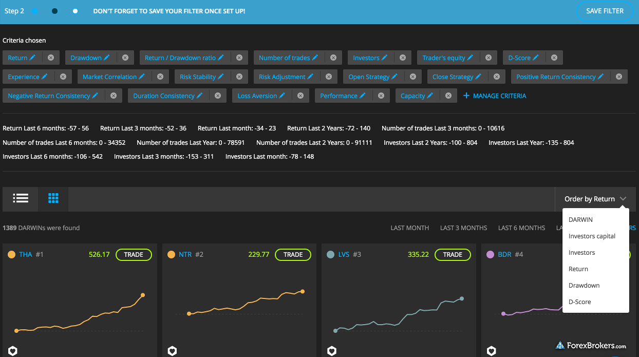 Darwinex web platform screener