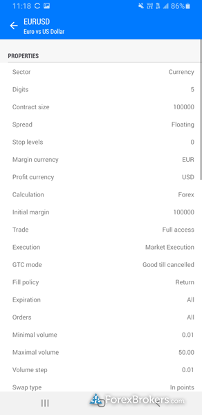 FP Markets MT5 mobile trading app contract specifications