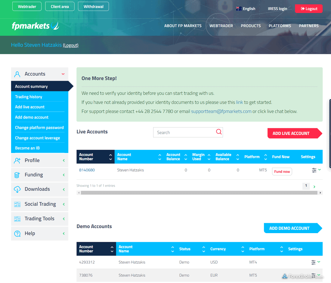 FP Markets client portal