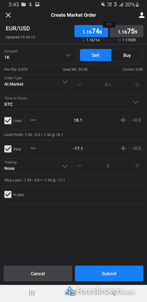 FXCM Trading Station mobile trading app trade ticket