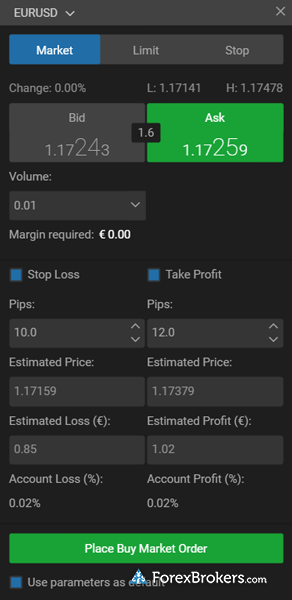FxPro Edge trading platform trade ticket
