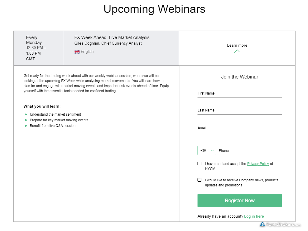 HYCM upcoming webinars registration page