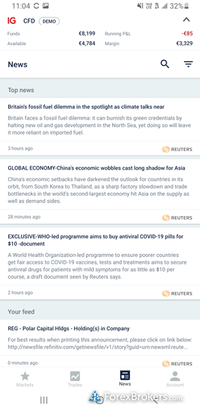 IG trading mobile app news headlines
