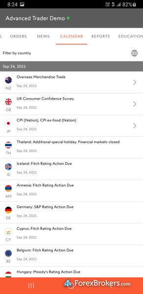 Swissquote Advanced Trader mobile trading app economic calendar
