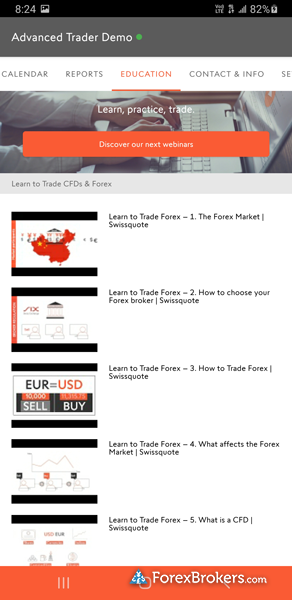 Swissquote Advanced Trader mobile trading app educational content