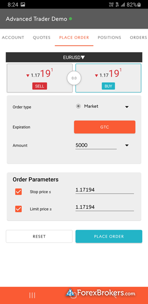 Swissquote Advanced Trader mobile trading app trade ticket