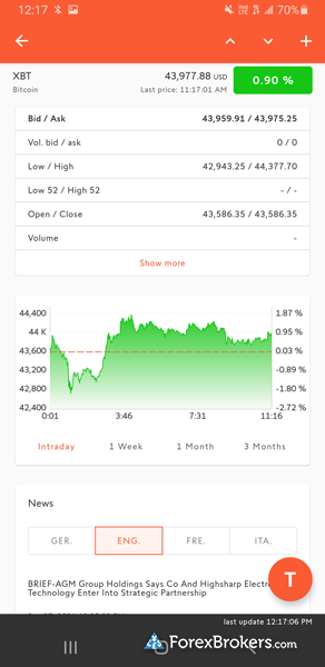 Swissquote Bank mobile trading app instrument overview