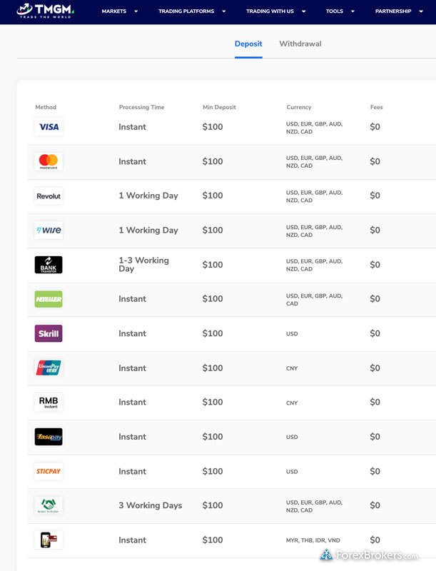 TMGM deposit payment types