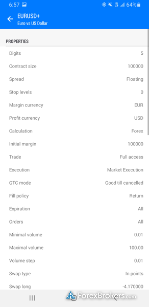 Vantage mobile MT5 trading app contract specifications