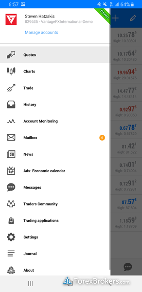 Vantage mobile MT5 trading app
