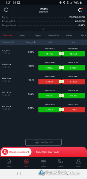 Vantage mobile trading app watchlist