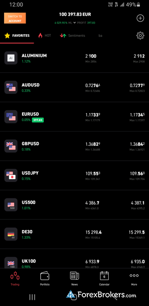 XTB xStation mobile trading app watchlist