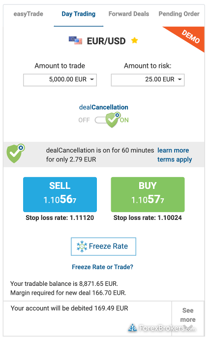 easyMarkets web trade ticket