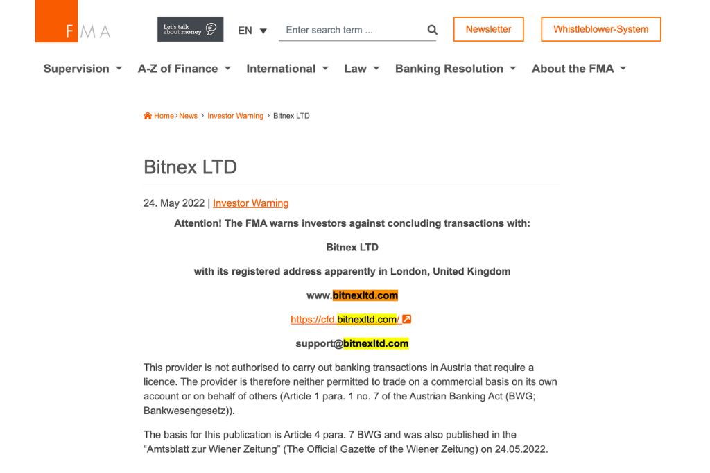 BitnexLtd Warning By The Austrian FMA