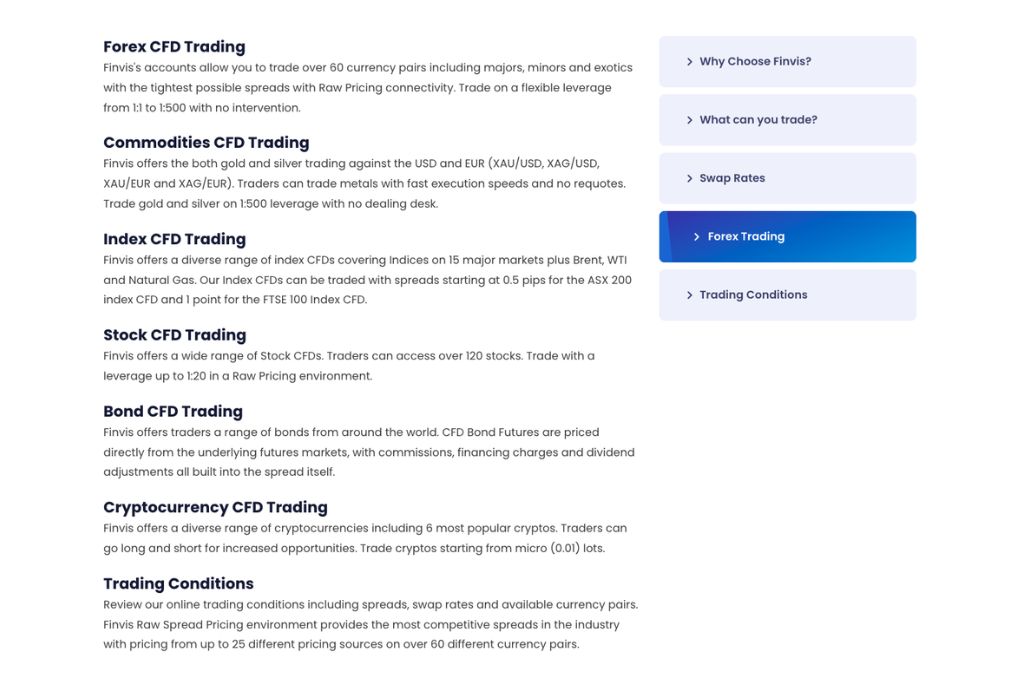 Finvis.io Range of Trading Instruments & Markets