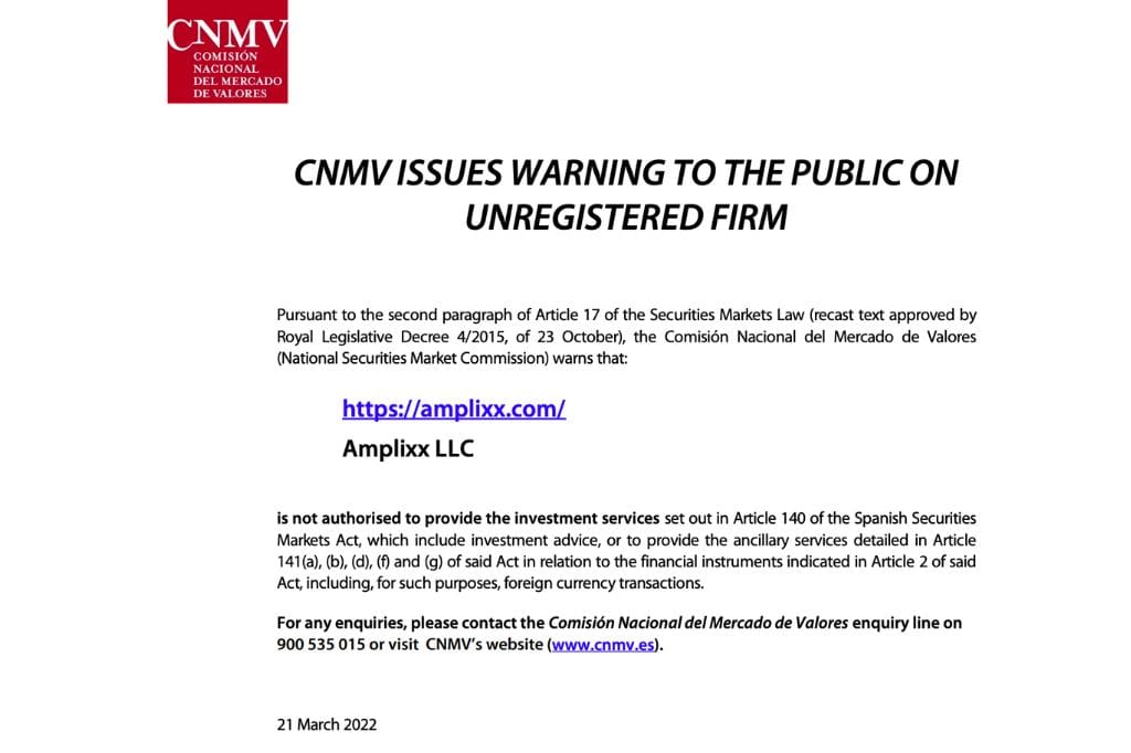 Amplixx Warning from CNMV