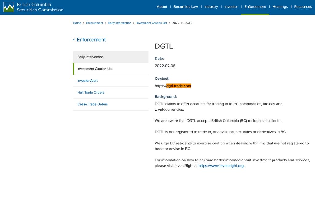 DGTL Trade Warning Issued by the BCSC