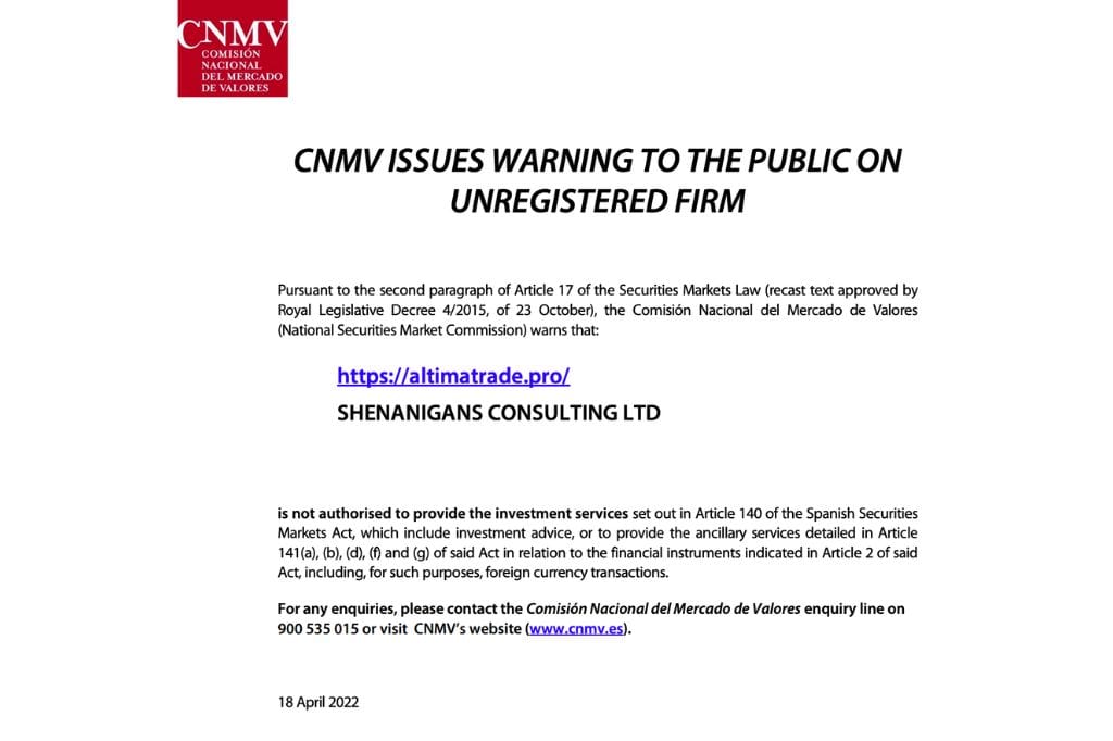 AltimaTrade Warning from CNMV