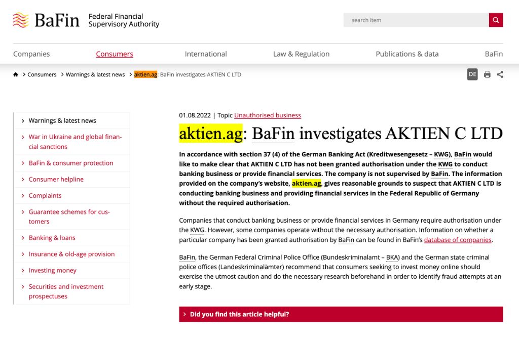 AktienAG Warning by BaFin