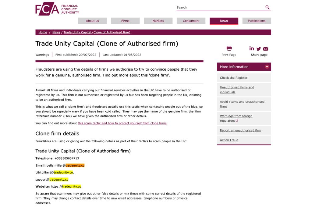 Trade Unity Warning by FCA