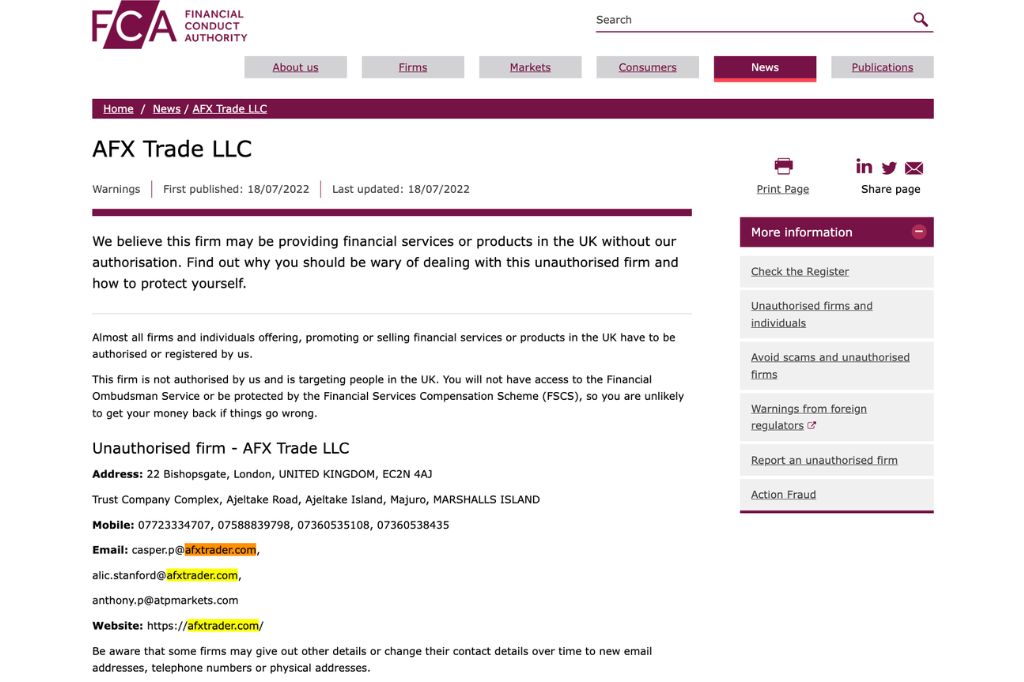 AFX Trade LLC Warning by FCA