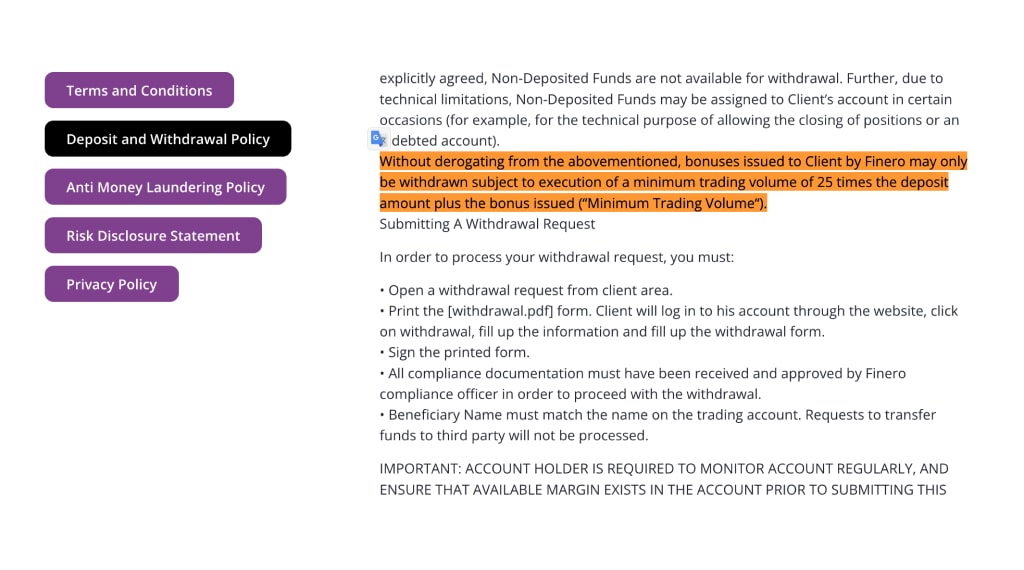 Finero Minimum Deposit and Withdrawal Terms